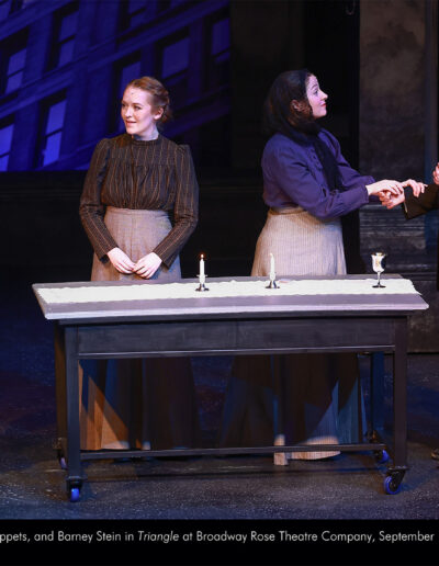 Alex Foufos, Sophie MacKay, Malia Tippets, and Barney Stein in Triangle at Broadway Rose Theatre Company, September 18 - October 12, 2025. Photo by Fletcher Wold.