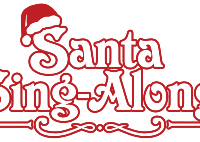 Graphic logo for Santa Sing-Along. The title is rendered in a white Victorian typeface with a bold red outline. The S at the beginning of the name Santa has a red Santa hat resting on top of it.