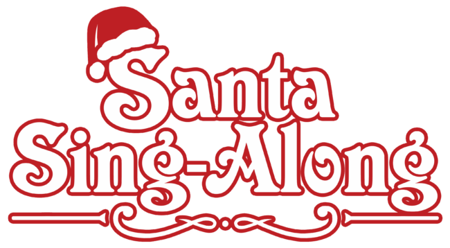 Graphic logo for Santa Sing-Along. The title is rendered in a white Victorian typeface with a bold red outline. The S at the beginning of the name Santa has a red Santa hat resting on top of it.