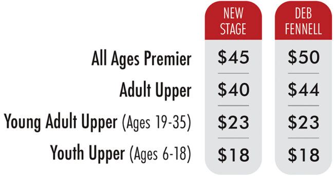 2025 and 2026 Group sales rates. All ages premier seats: $45 at the New Stage, $50 at the Deb Fennell Auditorium. Contact the box office for rates for upper section seats, young adults, and youths.
