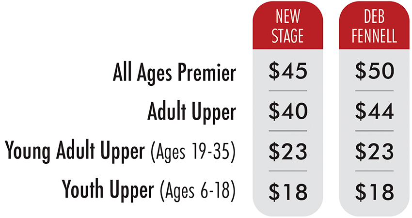 2025 and 2026 Group sales rates. All ages premier seats: $45 at the New Stage, $50 at the Deb Fennell Auditorium. Contact the box office for rates for upper section seats, young adults, and youths.