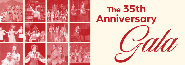 Banner that reads The 35th Anniversary Gala, alongside a number of photos from productions from years past. All rendered in a red and cream duotone image, a bit like an old newspaper's print, but in red rather than black.