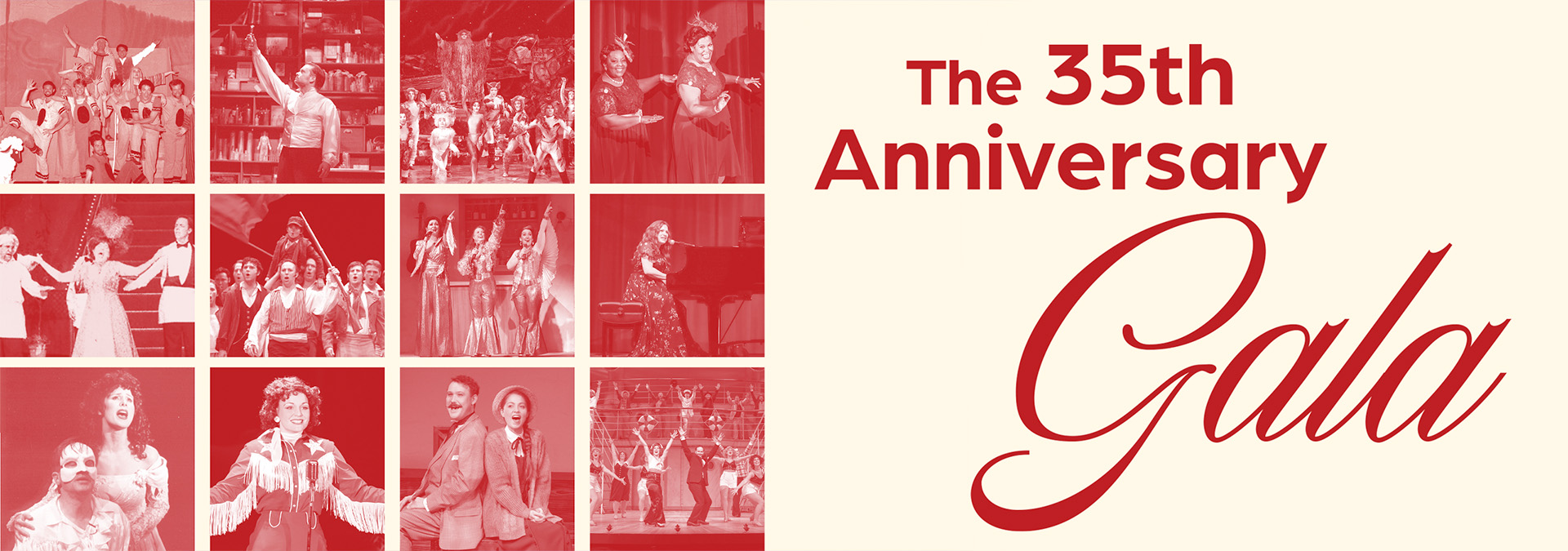 Banner that reads The 35th Anniversary Gala, alongside a number of photos from productions from years past. All rendered in a red and cream duotone image, a bit like an old newspaper's print, but in red rather than black.