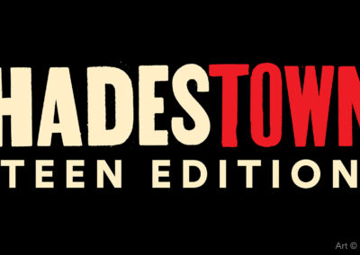 Logo for Hadestown Teen Edition, done in tall block letters. Hades is in a cream color and Town is in red.