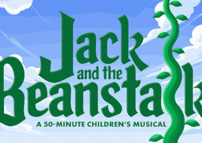 Logo for Jack and the Beanstalk. Green text for the title is over a blue sky with clouds on the edges of the image. The L in the word beanstalk is replaced with a drawing of a tall beanstalk.