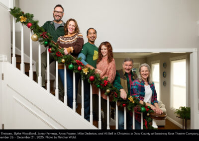 Joe Theissen, Blythe Woodland, Jomar Ferreras, Anna Prosser, Mike Dederian, and Ali Bell in Christmas in Door County at Broadway Rose Theatre Company, November 26 - December 21, 2025. Photo by Fletcher Wold.