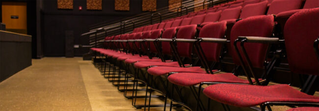 Photo of the seating at the New Stage, showing the widened stair cases, hand rails, and wheelchair accessible front row.