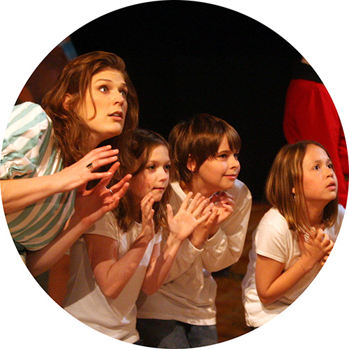 Photo of a woman with some children acting out a scene from Pirates of Penzance. They are all pretending to be frightened.