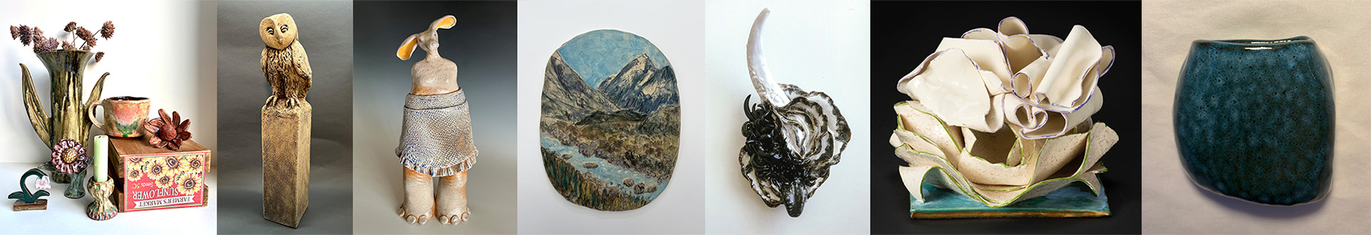 Photos of various pieces of ceramic art found at our art show by the artists listed above. They range from ceramic slabs with landscapes beautifully painted across them to abstract pieces that look like delicate folded paper.