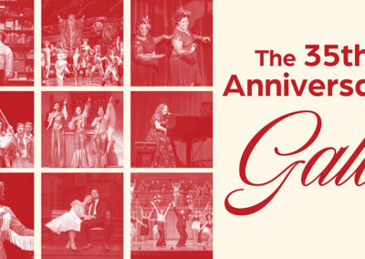 Graphic that reads The Thirty-fifth Anniversary Gala, with red-tinted photos from past shows like Beautiful, Mamma Mia, and Anything Goes.