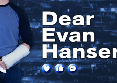 Logo for Dear Even Hansen. Plain white text of the show's name appears over an image of what appears to be dozens of tiny screens, like phones and televisions, symbolizing the noise of social media in the world today. Next to the logo, and with his face cut off above the image, is the photo of Evan's torso. We see his iconic white cast on his left arm, and he appears to be holding a letter on lined notebook paper.