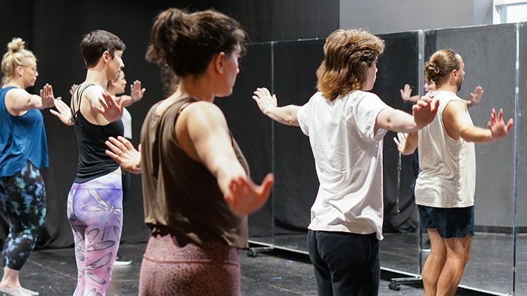 Jazz - Beginner Photo from one of our Adult Dance classes showing the students mid dance number, posing with their arms out to their sides.