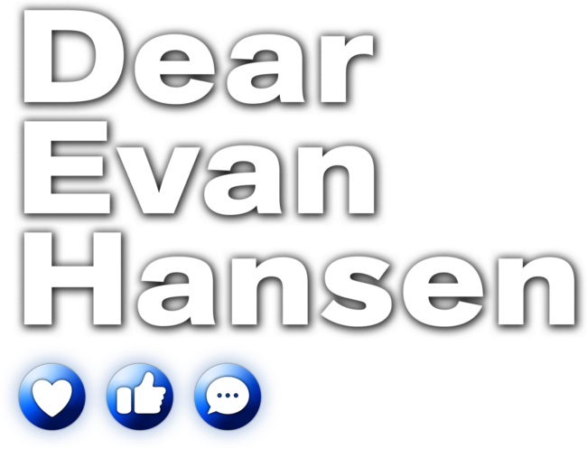 Logo for Dear Even Hansen. Plain white text of the show's name with three small social media icons for like, love, and comment, beneath the name.