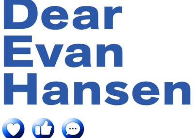 Logo for Dear Even Hansen. Plain white text of the show's name with three small social media icons for like, love, and comment, beneath the name.