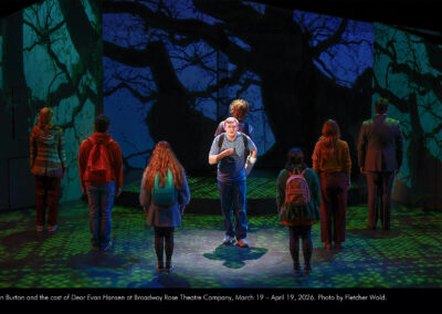 Ryan Burton and the cast of Dear Evan Hansen at Broadway Rose Theatre Company, March 19 - April 19, 2026. Photo by Fletcher Wold.