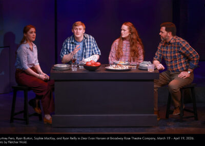 Courtney Fero, Ryan Burton, Sophie MacKay, and Ryan Reilly in Dear Evan Hansen at Broadway Rose Theatre Company, March 19 - April 19, 2026. Photo by Fletcher Wold.