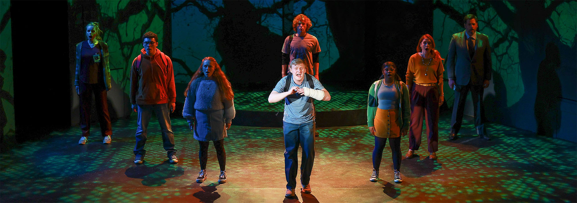 A photo of the cast of Dear Evan Hansen standing in a line across the stage, with Evan Hansen in the middle, closer to the audience. He is in a spotlight with everyone else around hime in shadows. Behind them on the walls is projected a video of swaying tree branches, like a person is looking up at them laying on the ground.