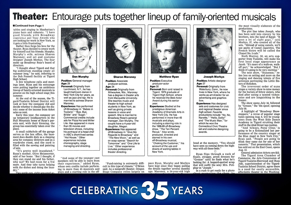 Spotlight 1 - A New Theatre Company A scan of a newspaper article from 1992 featuring a story about the new theatre company in town, Broadway Rose.