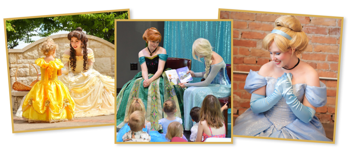 A collage of three photos taken at Princess Party events featuring happy kids and smiling princesses.