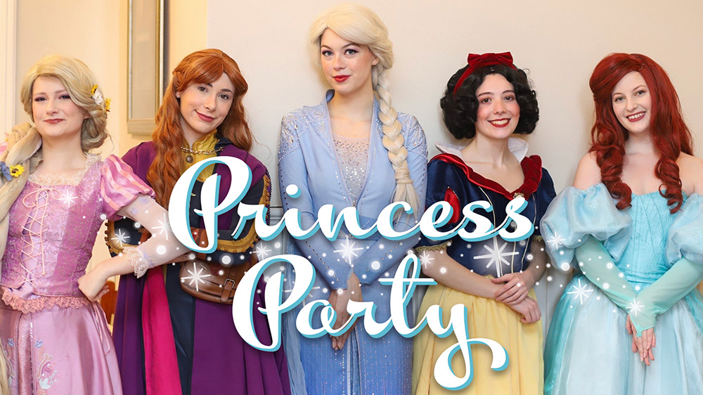 A photo of several young women dressed as fairy tale princesses standing in a row. The words Princess Party are superimposed over the image.