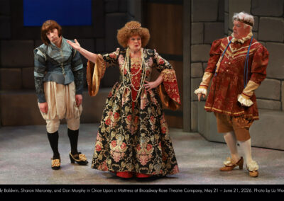 Andy Baldwin, Sharon Maroney, and Dan Murphy in Once Upon a Mattress at Broadway Rose Theatre Company, May 21 - June 21, 2026. Photo by Liz Wade.