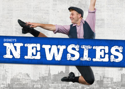 Newsies logo with a photo of a young man leaping across the background.