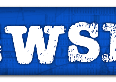 Logo for Newsies. The text is in an old newsprint font surrounded by a bright blue box.