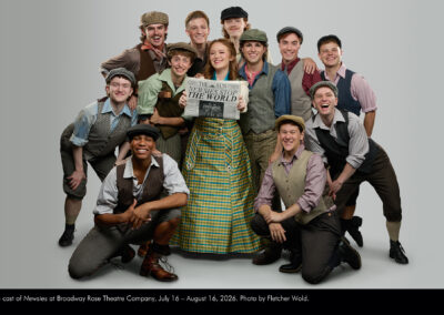 The cast of Newsies at Broadway Rose Theatre Company, July 16 - August 16, 2026. Photo by Fletcher Wold.