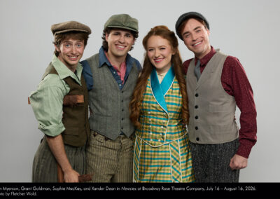 Sam Myerson, Grant Goldman, Sophie MacKay, and Xander Dean in Newsies at Broadway Rose Theatre Company, July 16 - August 16, 2026. Photo by Fletcher Wold.