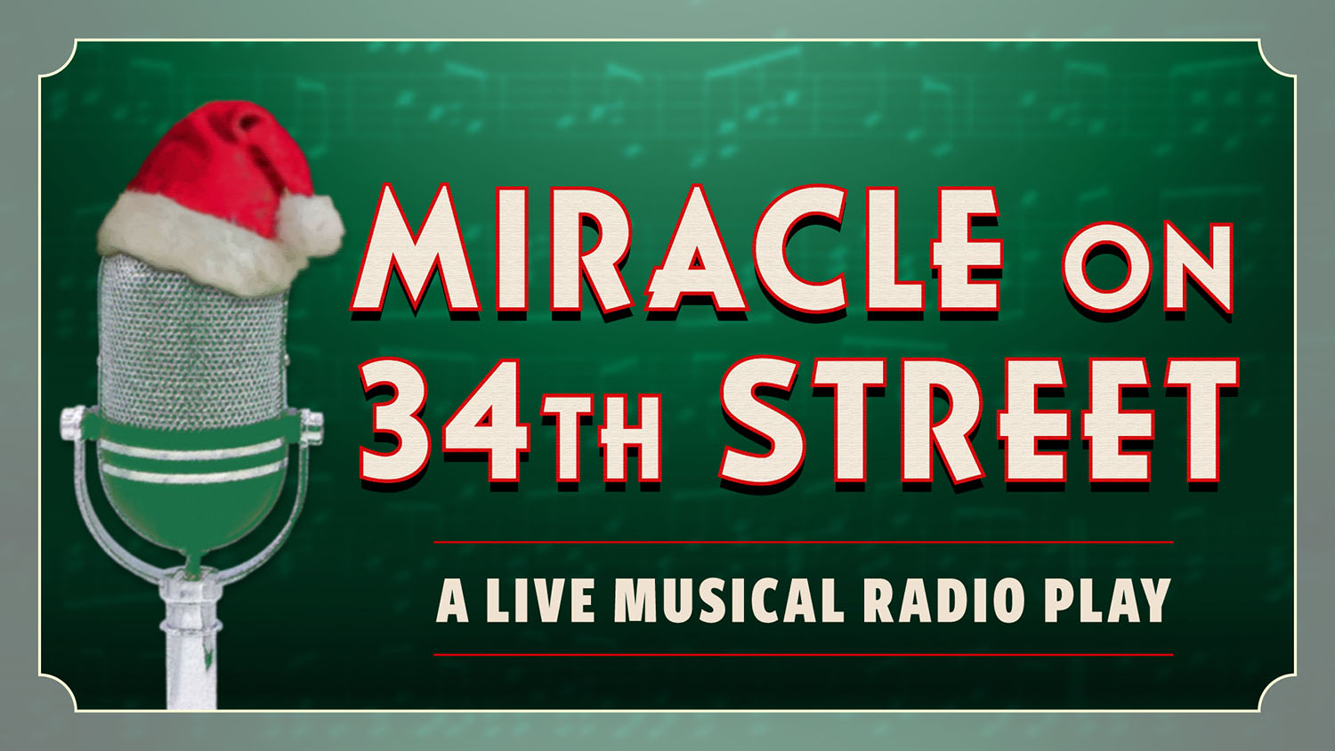 Miracle on 34th Street The logo for Miracle on 34th Street, a live musical radio play, showing an old fashioned radio microphone with a small Santa hat on top of it.