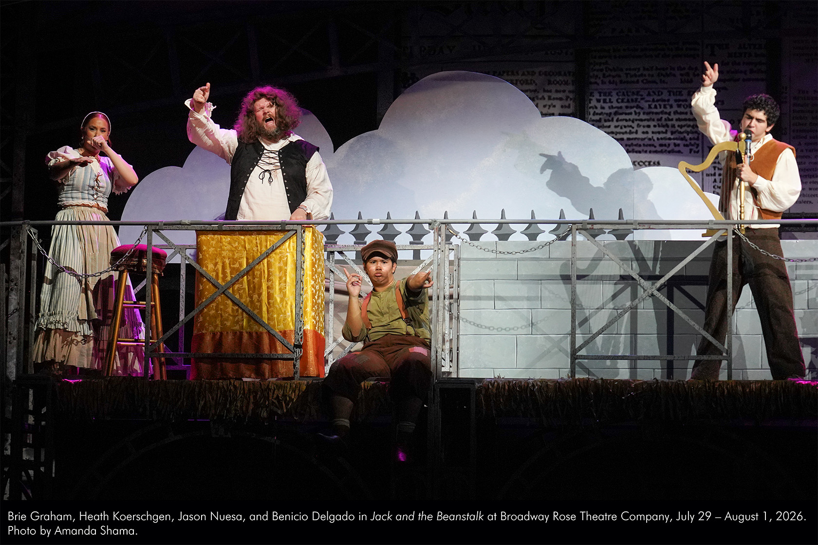 Brie Graham, Heath Koerschgen, Jason Nuesa, and Benicio Delgado in Jack and the Beanstalk at Broadway Rose Theatre Company, July 29 - August 1, 2026. Photo by Amanda Shama.