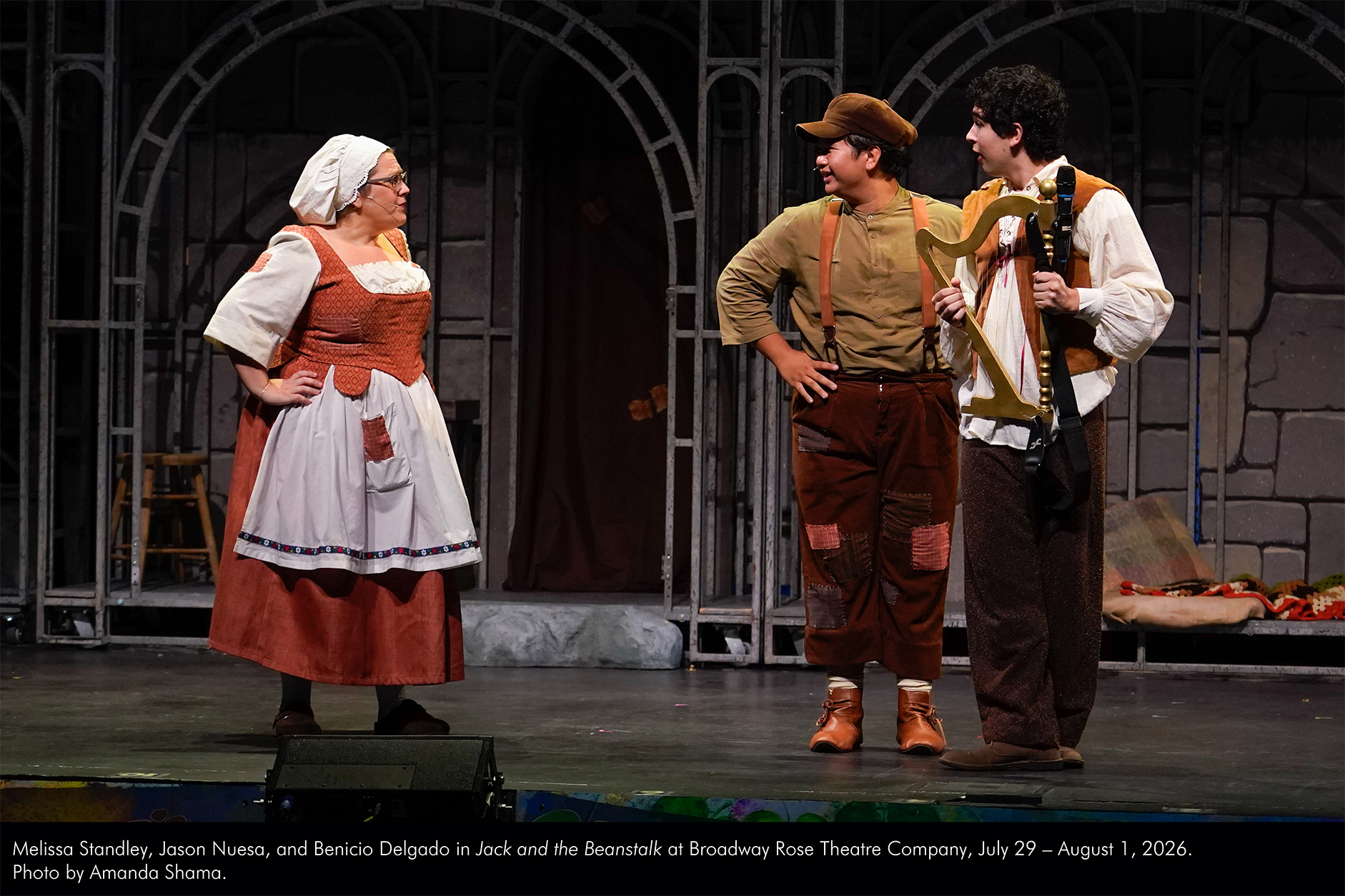 Melissa Standley, Jason Nuesa, and Benicio Delgado in Jack and the Beanstalk at Broadway Rose Theatre Company, July 29 - August 1, 2026. Photo by Amanda Shama.