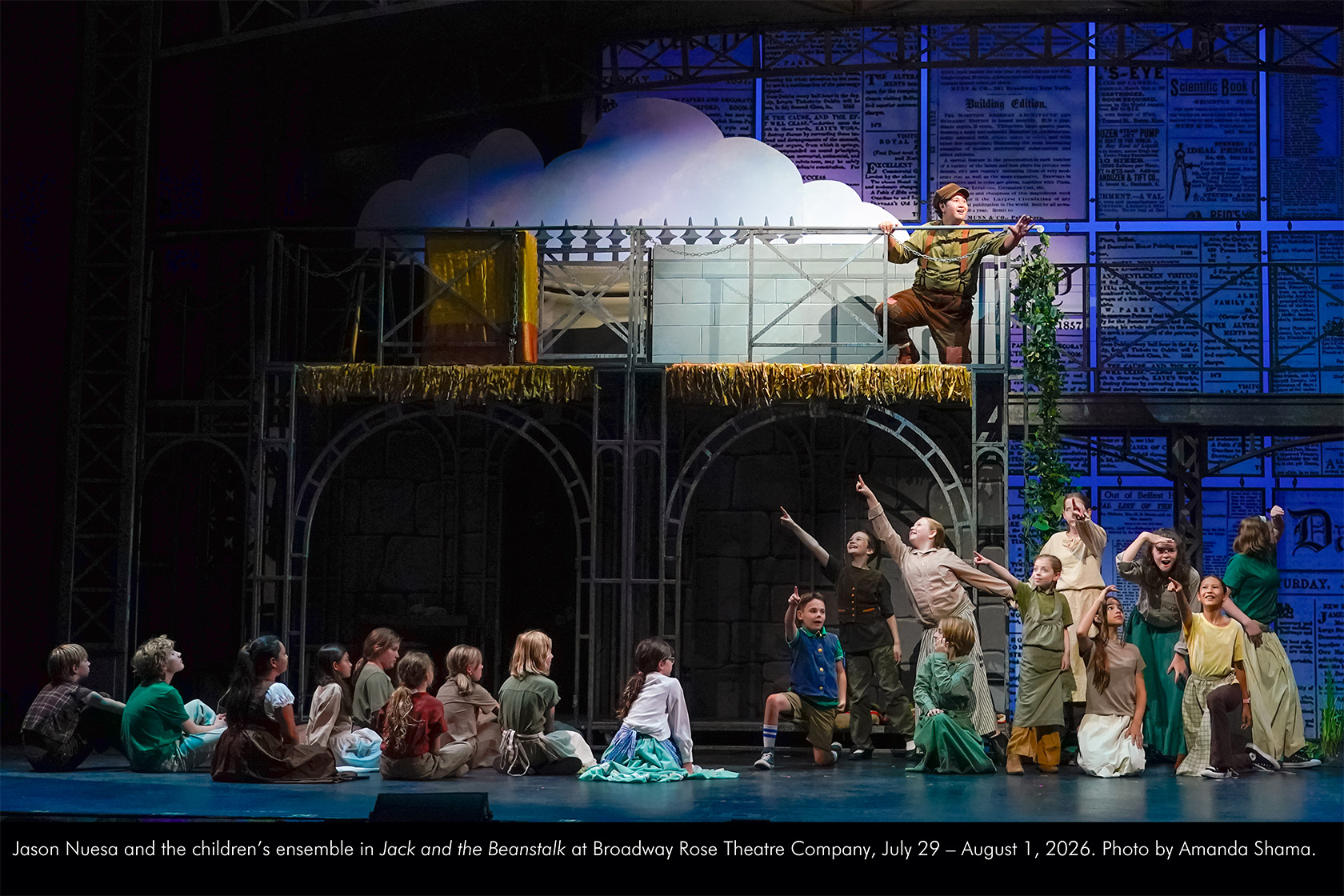 Jason Nuesa and the children's ensemble in Jack and the Beanstalk at Broadway Rose Theatre Company, July 29 - August 1, 2026. Photo by Amanda Shama.