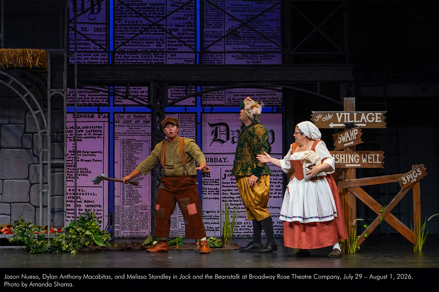 Jason Nuesa, Dylan Anthony Macabitas, and Melissa Standley in Jack and the Beanstalk at Broadway Rose Theatre Company, July 29 - August 1, 2026. Photo by Amanda Shama.