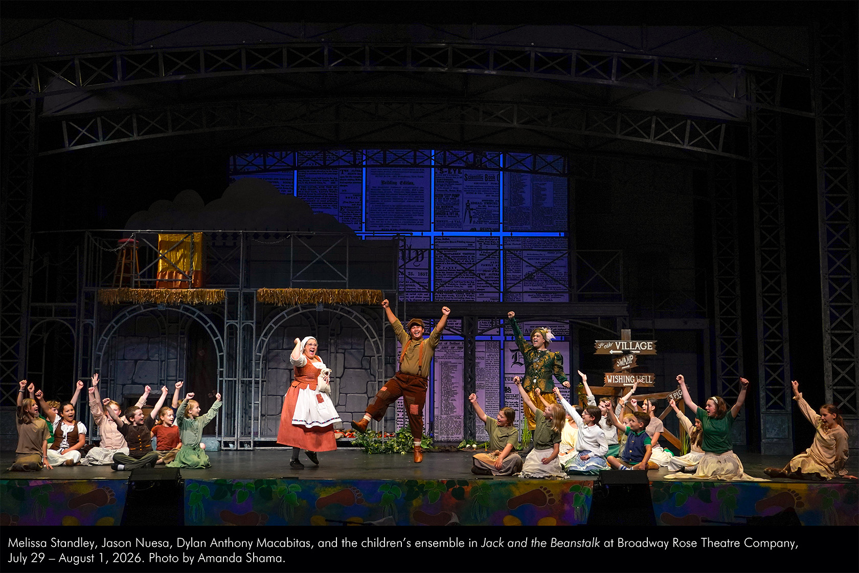 Melissa Standley, Jason Nuesa, Dylan Anthony Macabitas, and the children's ensemble in Jack and the Beanstalk at Broadway Rose Theatre Company, July 29 - August 1, 2026. Photo by Amanda