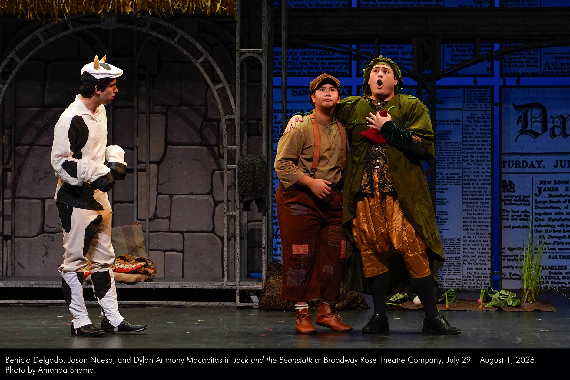Benicio Delgado, Jason Nuesa, and Dylan Anthony Macabitas in Jack and the Beanstalk at Broadway Rose Theatre Company, July 29 - August 1, 2026. Photo by Amanda Shama.