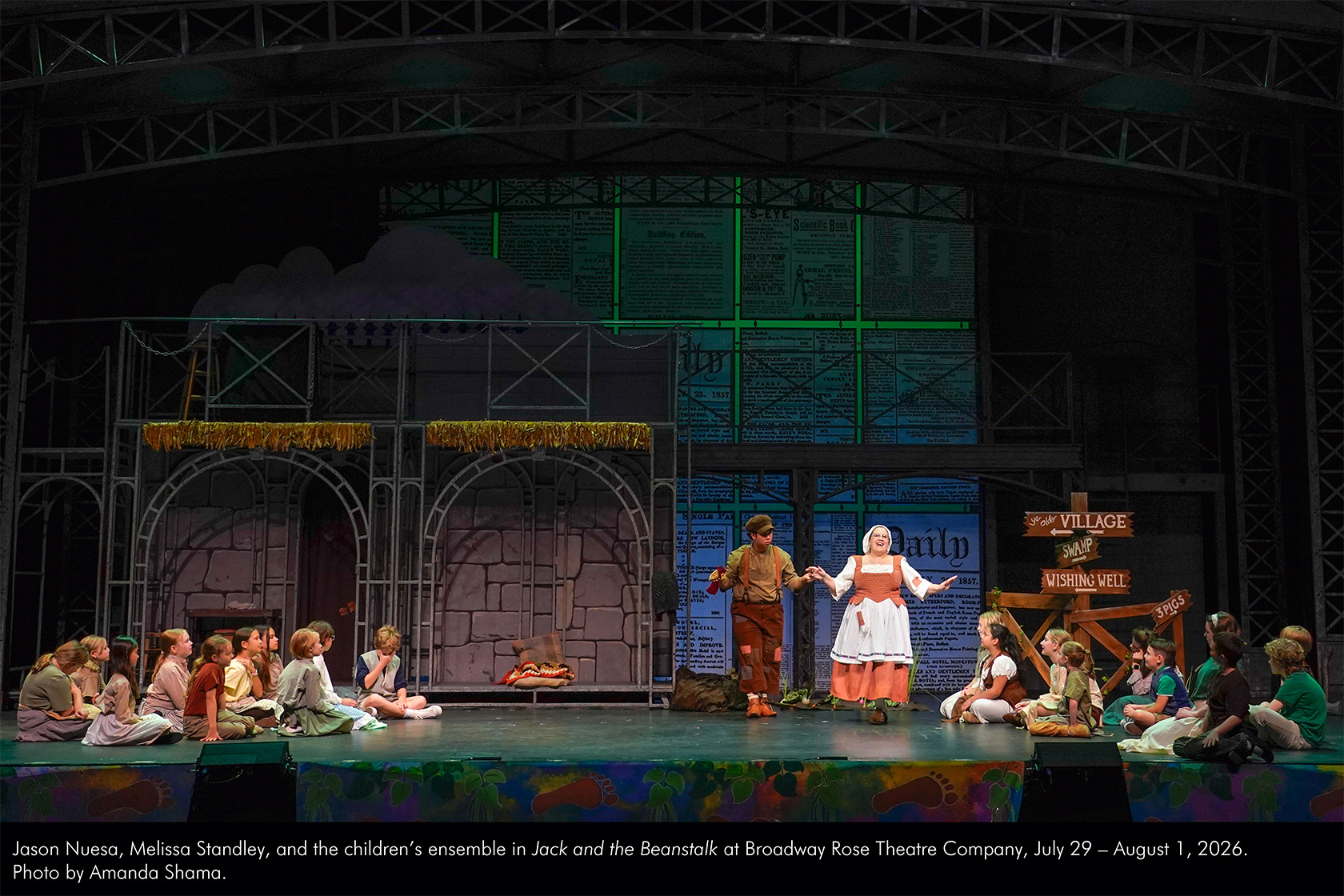Jason Nuesa, Melissa Standley, and the children's ensemble in Jack and the Beanstalk at Broadway Rose Theatre Company, July 29 - August 1, 2026. Photo by Amanda Shama.