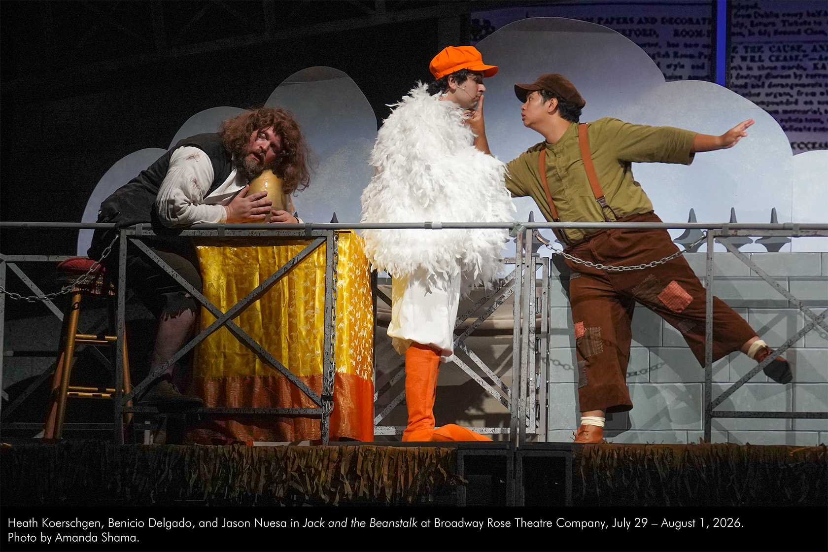 Heath Koerschgen, Benicio Delgado, and Jason Nuesa in Jack and the Beanstalk at Broadway Rose Theatre Company, July 29 - August 1, 2026. Photo by Amanda Shama.
