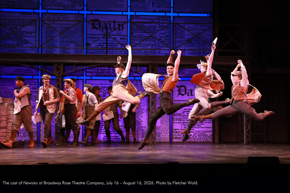 The cast of Newsies at Broadway Rose Theatre Company, July 16 - August 16, 2026. Photo by Fletcher Wold.