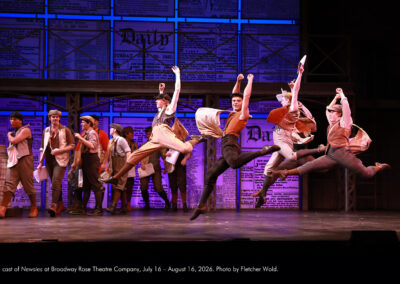 The cast of Newsies at Broadway Rose Theatre Company, July 16 - August 16, 2026. Photo by Fletcher Wold.