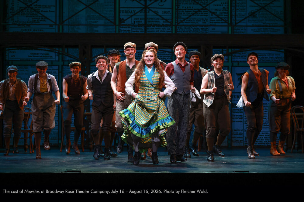The cast of Newsies at Broadway Rose Theatre Company, July 16 - August 16, 2026. Photo by Fletcher Wold.