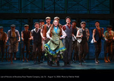 The cast of Newsies at Broadway Rose Theatre Company, July 16 - August 16, 2026. Photo by Fletcher Wold.