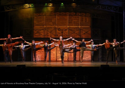 The cast of Newsies at Broadway Rose Theatre Company, July 16 - August 16, 2026. Photo by Fletcher Wold.