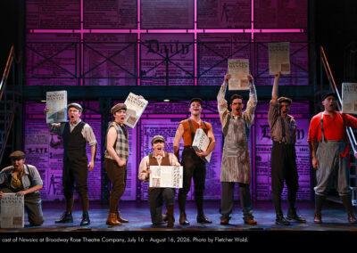 The cast of Newsies at Broadway Rose Theatre Company, July 16 - August 16, 2026. Photo by Fletcher Wold.