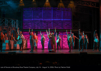 The cast of Newsies at Broadway Rose Theatre Company, July 16 - August 16, 2026. Photo by Fletcher Wold.