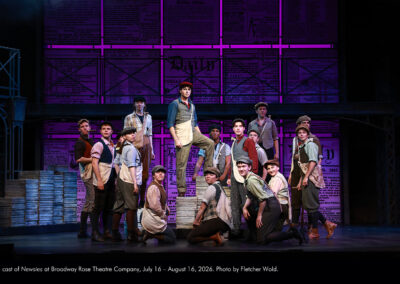 The cast of Newsies at Broadway Rose Theatre Company, July 16 - August 16, 2026. Photo by Fletcher Wold.