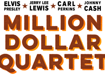 Logo for Million Dollar Quartet. The lettering looks old and worn, and in a font reminiscent of ones used quite a bit in the 1950s and 1960s.