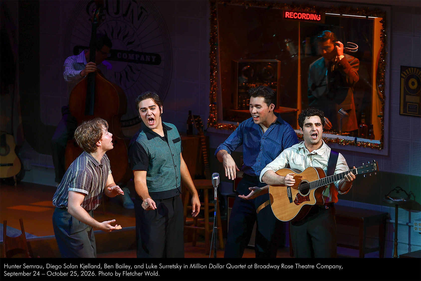Hunter Semrau, Diego Solan Kjelland, Ben Bailey, and Luke Surretsky in Million Dollar Quartet at Broadway Rose Theatre Company, September 24 - October 25, 2026. Photo by Fletcher Wold.