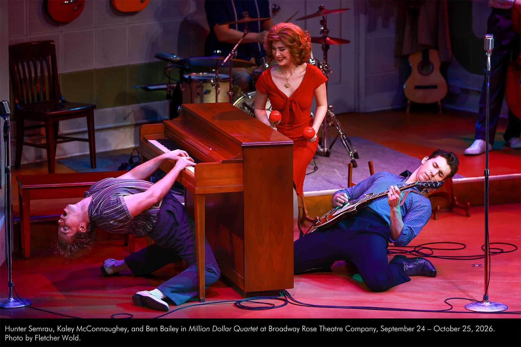 Hunter Semrau, Kaley McConnaughey, and Ben Bailey in Million Dollar Quartet at Broadway Rose Theatre Company, September 24 - October 25, 2026. Photo by Fletcher Wold.