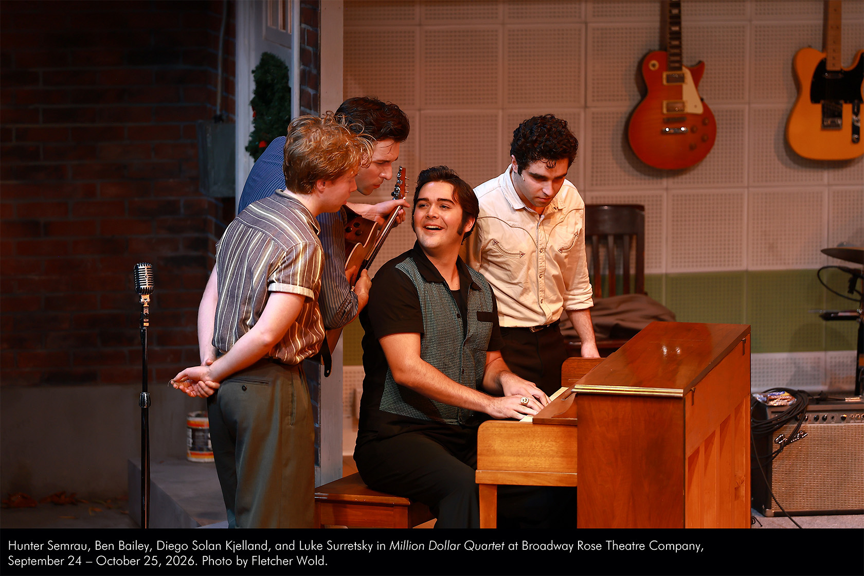 Hunter Semrau, Ben Bailey, Diego Solan Kjelland, and Luke Surretsky in Million Dollar Quartet at Broadway Rose Theatre Company, September 24 - October 25, 2026. Photo by Fletcher Wold.